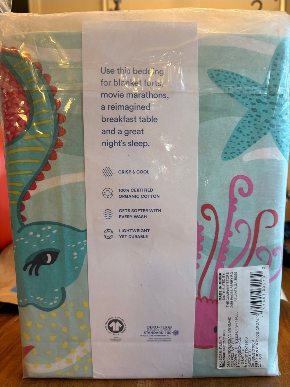 The Company Store Full size Organic Percale sheet set Ocean Mermaid NWT - Picture 2 of 4